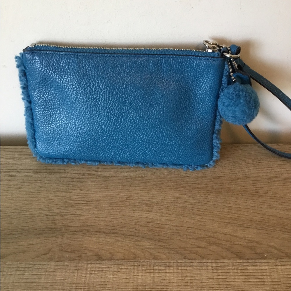 Coach Pebbled Leather Wristlet with Shearling Pom Pom and Trim - Picture 4 of 8